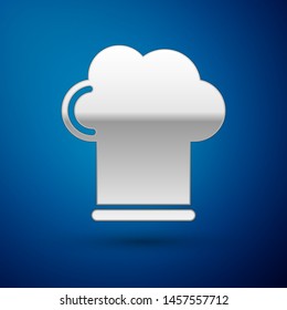 Silver Chef hat icon isolated on blue background. Cooking symbol. Cooks hat.  Vector Illustration