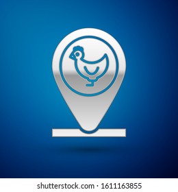 Silver Chicken farm and location icon isolated on blue background.  Vector Illustration