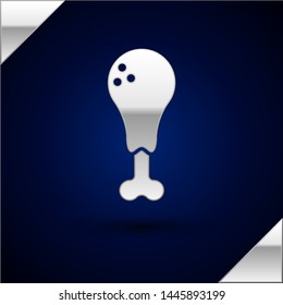 Silver Chicken leg icon isolated on dark blue background. Chicken drumstick.  Vector Illustration