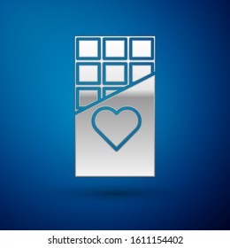 Silver Chocolate bar icon isolated on blue background. Valentines day symbol.  Vector Illustration