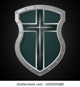 Silver Christian Cross and Shield of Faith. Church Logo. Religious Symbol. Creative Christian Icon. Protection, Safety, Security Sign. Isolated on Dark Background