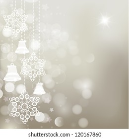 Silver christmas background with bells and snowflakes. Vector