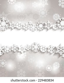 Silver Christmas background with frame and paper snowflakes, vector.