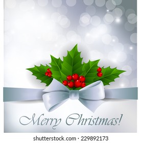 Silver Christmas background with holly