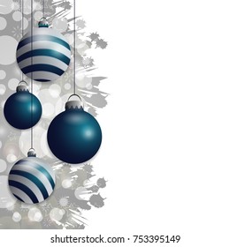 Silver Christmas background with hung blue baubles. Decorative balls elements for holiday design. Vector illustration.