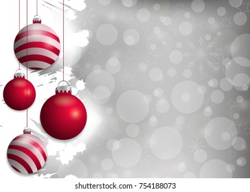 Silver Christmas background with red baubles. Decorative elements for holiday design. Vector illustration.