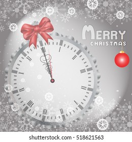 Silver Christmas background with snowflakes and clock, Christmas background gray