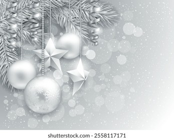 Silver Christmas background with a Christmas tree branch, balls and stars