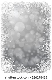 Silver Christmas background with white frame of snowflakes. Winter Christmas vector illustration with copy-space.