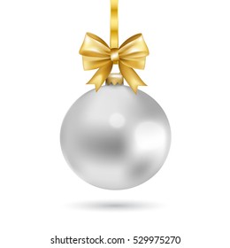 Silver Christmas ball with bow isolated on white background. Vector illustration.