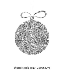Silver christmas ball. Glitter sphere with metallic effect. Sparkle decorative template.  Holiday design. Vector illustration EPS 10 isolated on white background.