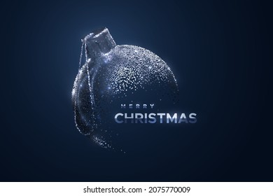 Silver Christmas ball isolated on black background. Merry Christmas banner design. Xmas bauble of fading silver glitters. Vector 3d illustration. Festive sign