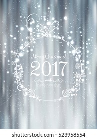 Silver Christmas ball for Merry Christmas 2017 and New Year on red background with light, stars, snowflakes. Holiday card. Vector eps illustration