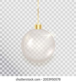 Silver christmas ball on transparent background. Festive present card. Luxury bauble design element. Xmas decoration. Clear glass hang toy decor. New year gift. Glitter sphere. Vector illustration.