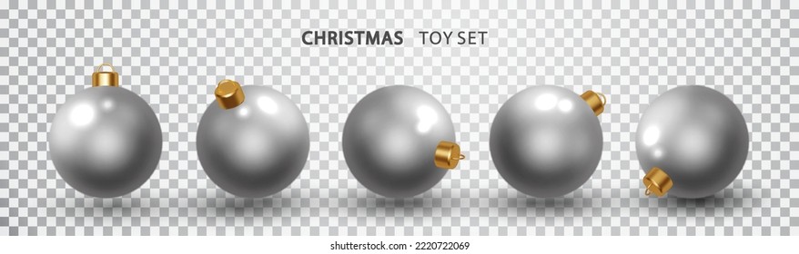 Silver Christmas ball realistic Isolated in different projections. Holiday toy decoration 3d element. Rendering vector illustration