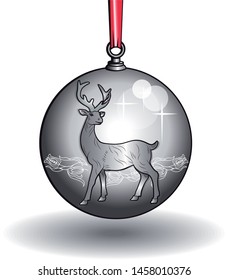 Silver Christmas ball with a relief-effect deer and red ribbon.