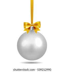 Silver Christmas ball with ribbon and a bow and snowflake isolated on white background. Template of matt realistic Christmas ball. Stocking element christmas decorations. Isolated object. Vector