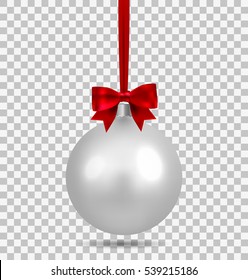 Silver Christmas ball with ribbon and a bow and snowflake isolated on transparent background. Template of matt realistic Christmas ball. Stocking element christmas decorations. Isolated object. Vector