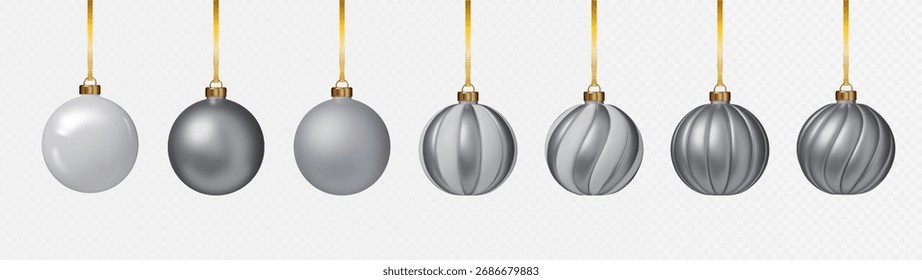 Silver Christmas ball set hanging on ribbons. Realistic 3D baubles holiday decoration vector