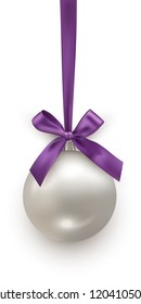 Silver Christmas ball with violet bow and ribbon isolated on white background. Vector holiday design element