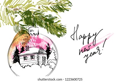 Silver Christmas ball with winter decoration and snow on fir tree branch. Happy New Year vector greeting card template. Colorful stylish modern background with gold texture art drawing illustration.