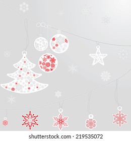 silver christmas balls and fir tree with snowflake on silver background