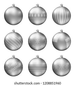 Silver christmas balls isolated on white background. Photorealistic high quality vector set of christmas baubles. Different pattern.