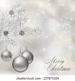 Silver Christmas balls on abstract light grey background. Xmas greeting card. Vector eps10 illustration