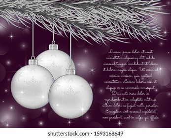 Silver Christmas balls with a pattern of snowflake hanging on a branch of fir tree on a bright background with bokeh effect. Xmas new year greeting card. Your text. Colorful shiny vector illustration.