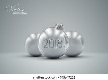 Silver christmas balls. Vector 3d holiday illustration. Festive ornament. Decorative element for design. Merry Christmas and Happy New 2018 Year