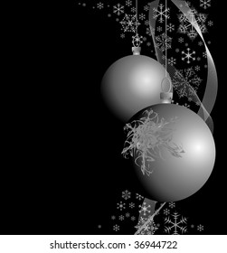 Silver Christmas bulbs with snowflakes on black background