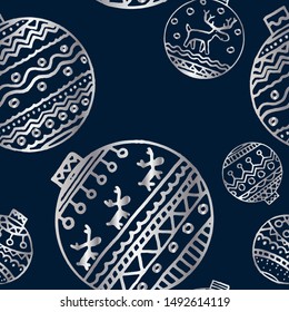 Silver christmas decor seamless pattern. Use for background, wrapping paper, covers, fabrics, postcards, stationery. Bright Scandinavian decor on a dark background. Vector.