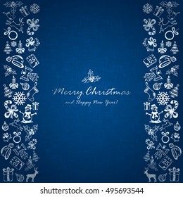 Silver Christmas elements on blue background, holiday decorations with Christmas icons, illustration.