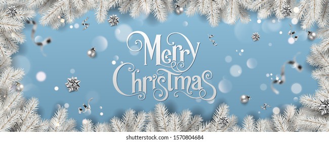 Silver Christmas and New Year Text on blue Xmas background with snowy fir branches, silver ribbon, decoration, sparkles, confetti, bokeh. Merry Christmas card. Vector Illustration, realistic vector