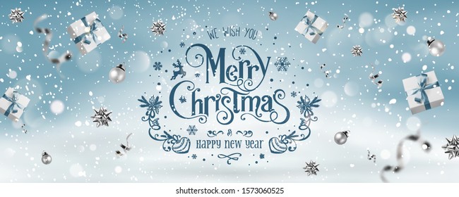 Silver Christmas and New Year Text on blue Xmas background with flying gift boxex, silver ribbon, decoration, sparkles, confetti, bokeh. Merry Christmas card. Vector Illustration, realistic vector