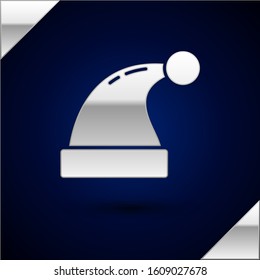 Silver Christmas Santa Claus hat icon isolated on dark blue background. Merry Christmas and Happy New Year.  Vector Illustration