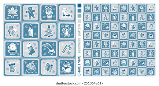 Silver Christmas seamless pattern with cute cartoon characters and holiday elements. Flat design. Good for wrapping.