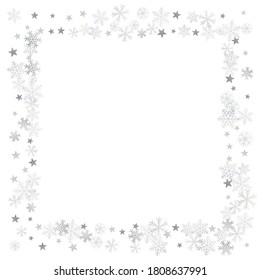 Silver Christmas snow ant stars frame. Winter snowflakes subtle background on white, greeting card. New Year Holidays subtle backdrop. Noel decoration, Vector illustration