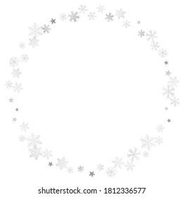 Silver Christmas snow ant stars frame. Winter snowflakes subtle background on white, greeting card. New Year Holidays subtle backdrop. Noel decoration, Vector illustration