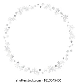 Silver Christmas snow ant stars frame. Winter snowflakes subtle background on white, greeting card. New Year Holidays subtle backdrop. Noel decoration, Vector illustration