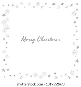 Silver Christmas snow ant stars frame. Winter snowflakes subtle background on white, greeting card. New Year Holidays subtle backdrop. Noel decoration, Vector illustration
