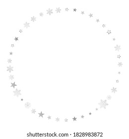 Silver Christmas snow ant stars frame. Winter snowflakes subtle background on white, greeting card. New Year Holidays subtle backdrop. Noel decoration, Vector illustration