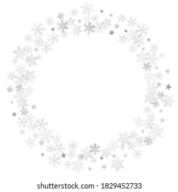 Silver Christmas snow ant stars frame. Winter snowflakes subtle background on white, greeting card. New Year Holidays subtle backdrop. Noel decoration, Vector illustration