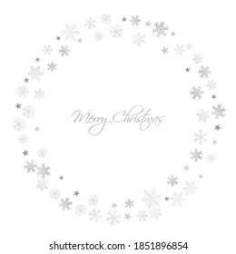 Silver Christmas snow ant stars frame. Winter snowflakes subtle background on white, greeting card. New Year Holidays subtle backdrop. Noel decoration, Vector illustration