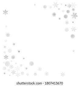 Silver Christmas snow background. Winter snowflakes subtle frame decoration on white, greeting card. New Year Holidays subtle backdrop. Noel Vector illustration