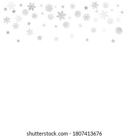 Fondo de nieve de Navidad plateado. Los copos de nieve de invierno presentan una sutil decoración de marco en blanco, tarjeta de saludo. Fondo sutil de las vacaciones de Año Nuevo. Ilustración de Noel Vector