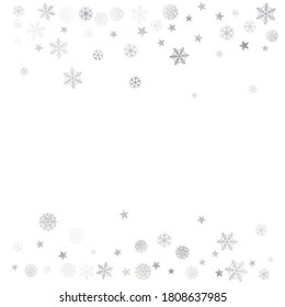 Silver Christmas snow background. Winter snowflakes subtle frame decoration on white, greeting card. New Year Holidays subtle backdrop. Noel Vector illustration