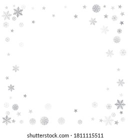 Silver Christmas snow background. Winter snowflakes subtle frame decoration on white, greeting card. New Year Holidays subtle backdrop. Noel Vector illustration