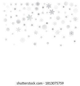 Silberner Weihnachtsschneehintergrund. Winterschneeflocken, subtile Rahmendekoration auf Weiß, Grußkarte. Neujahr Feiertage subtile Hintergrund. Noel-Vektorgrafik
