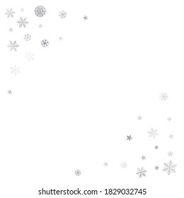 Silver Christmas snow background. Winter snowflakes subtle frame decoration on white, greeting card. New Year Holidays subtle backdrop. Noel Vector illustration